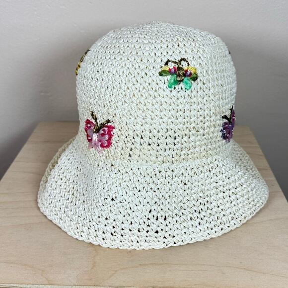 Vtg Y2K 90s Women’s Bucket Hat Straw Woven Butterfly Embellishment Cottage - Picture 2 of 6